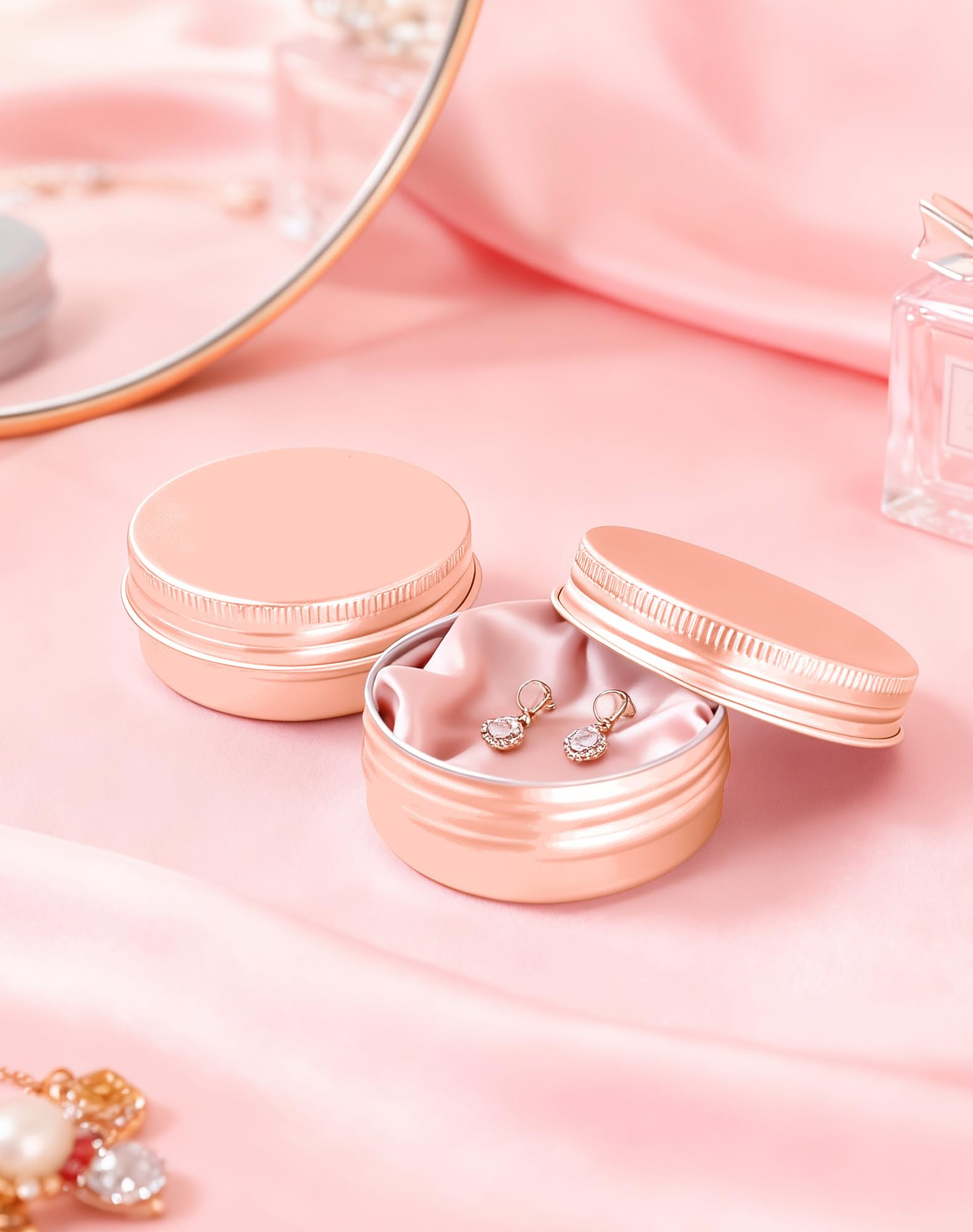 LJY 28 Pcs Boîte Aluminium Ronde Rose Gold 30ml (1 fl oz), Pot Bougie Vide avec Couvercle à Vis, Contenant Cosmétique Étanche pour Crème et Voyage, Disque en Mousse