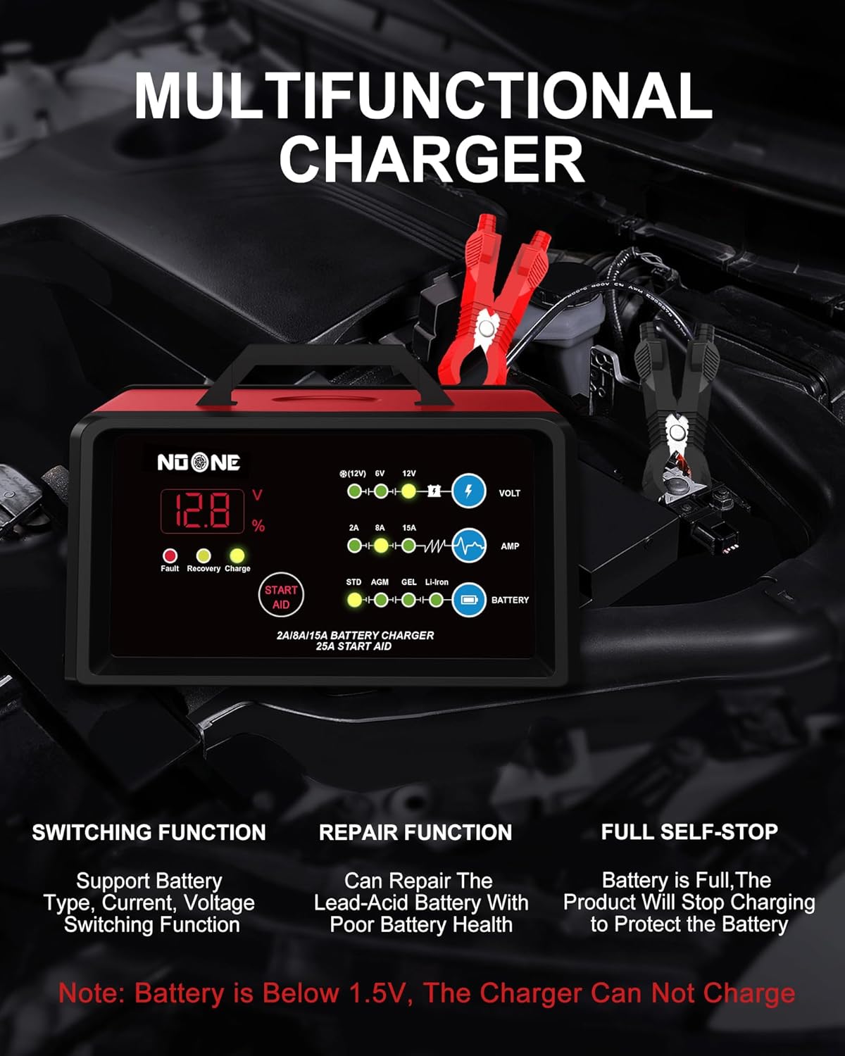 NOONE Smart Car Battery Charger: 2/8/15A Battery Chargers 6V/12V Boat Battery Chargers with Engine Start, Metal Shell, Winter Mode, Suitable for AGM, EFB,AGM, Lead Acid, Lithium (LiFePO4) Batteries