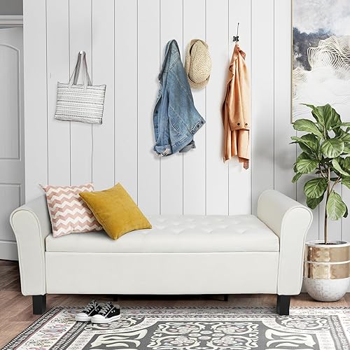 Miniatura 77 de Banco otomano de almacenamiento con brazos, banco de lino para dormitorio, banco de almacenamiento con botones para entrada, sala de estar, pasillo,