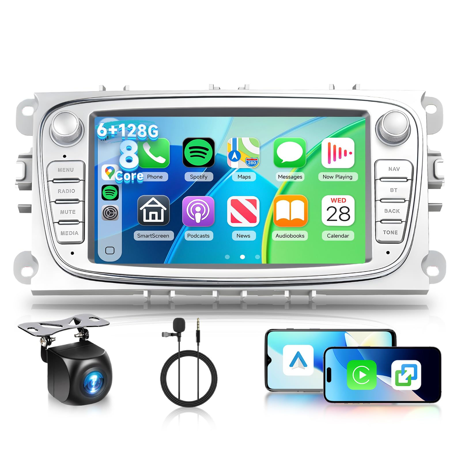 Hodozzy 6G+128G 8-Core-Autoradio für Ford Focus II mk2 Mondeo S-Max C-Max Galaxy Android Radio mit Bluetooth Navi, 2 Din 7-Zoll-Touchscreen mit Wireless Carplay Android Auto, WiFi Canbus DSP FM RDS