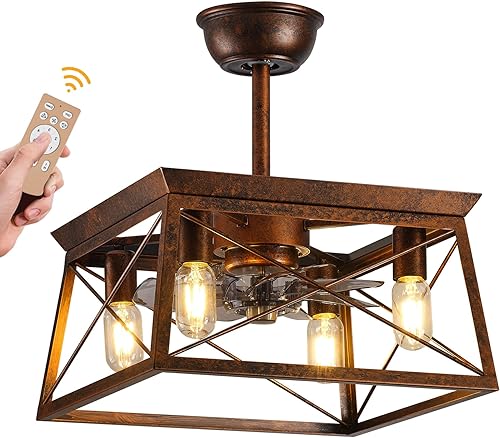 Ventiladores de techo de granja con luces con control remoto, ventiladores de techo rústicos con luces, lámpara enjaulada, ventilador de techo con