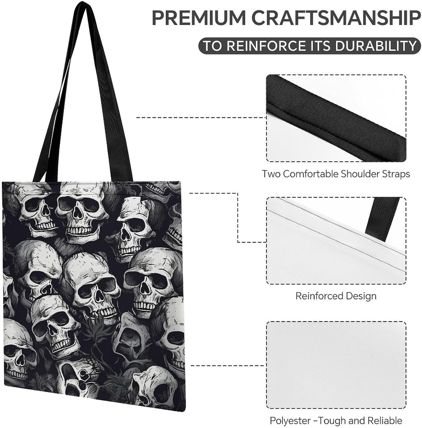 Skulls Pattern Tote Bag Large Treat Bags for Women Men image 5