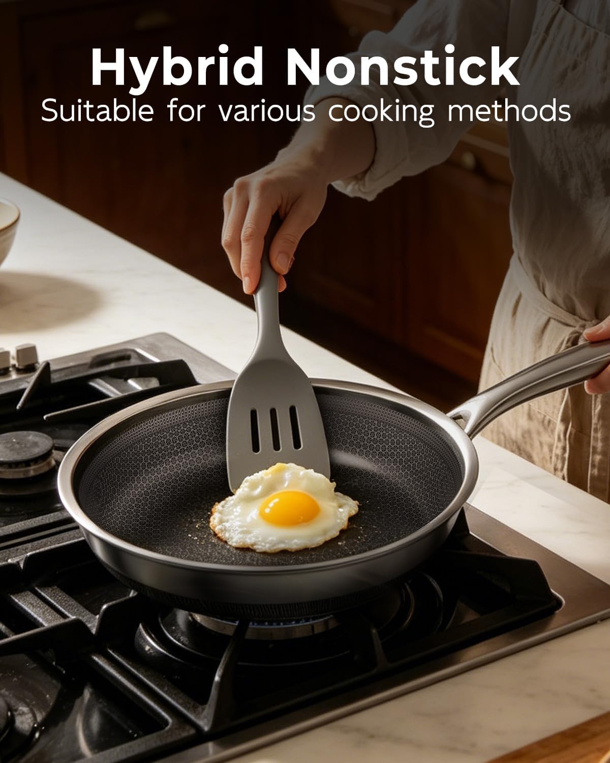 FogDream 12 Inch Nonstick Frying Pan with Lid, Honeycomb Hybrid Stainless Steel Skillet, Tri-Ply Induction Compatible, Non Toxic Frying Pan, Oven Safe, Dishwasher Safe, Silver