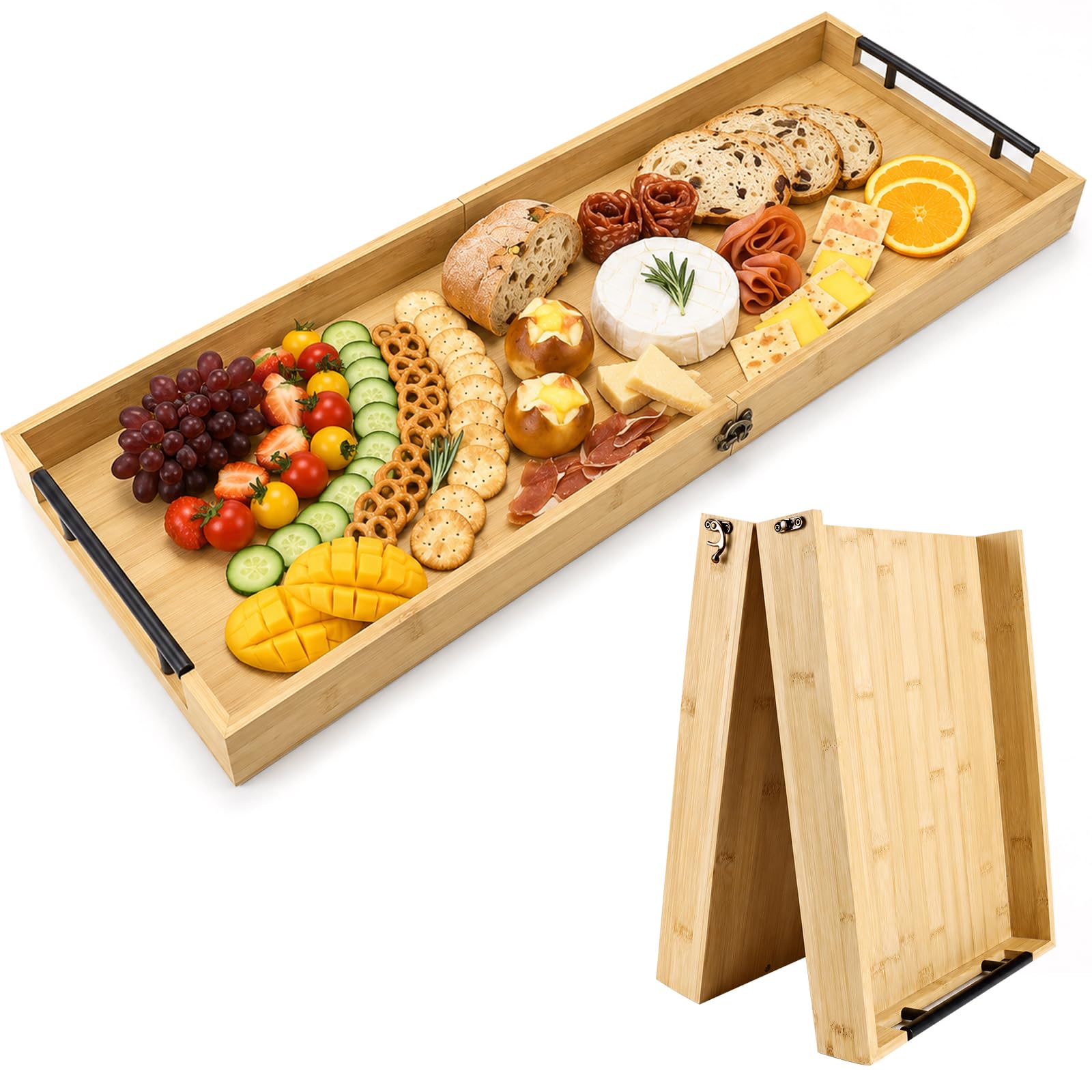 Large Charcuterie Board with Handles, 80 x 30 cm Foldable Bamboo Serving Tray, Portable Cheese Board Serving Platter for Grazing Picnic Party Wedding Housewarming Gifts