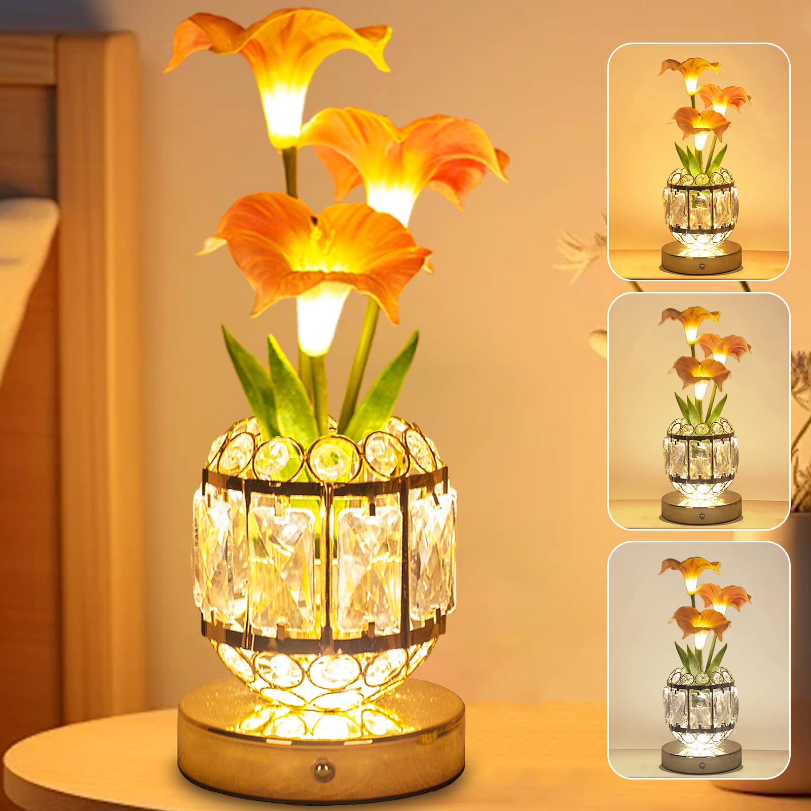 Flower Table Lamp, 3-Color Dimmable Artificial Flowers Night Light, Rechargeable Cordless Small Desk Lamp, Morning Glory with Crystal Vase for Party Date Home Decoration (Pink - Morning Glory) — image 1