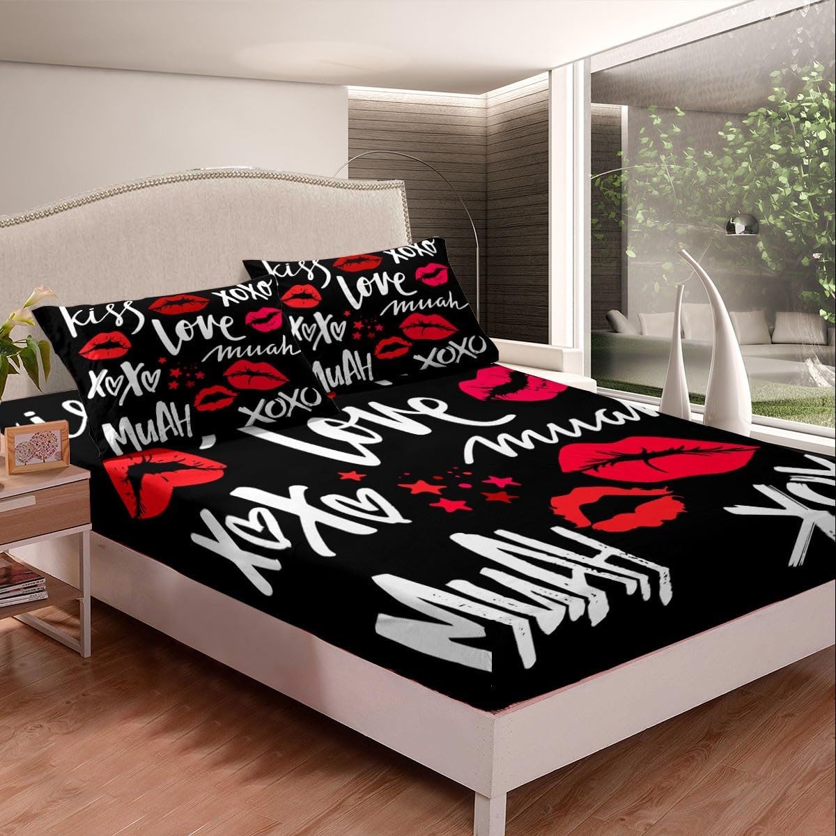 Castle Fairy Kids Red Lips Print Fitted Sheet Twin Size,Kiss Couple Lover Theme Sheet Set for Kids Boys Present,Heart Shape Black Bedding Set with 1 Pillowcase, Soft Fabric All-Round Elastic Pocket