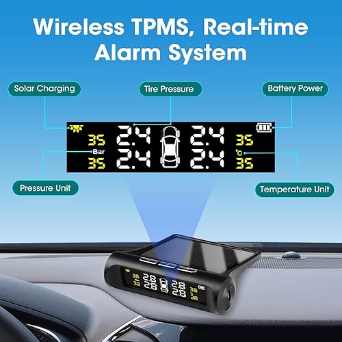 Miniatura 4 de Sistema de Monitoreo de Presión de Neumáticos, Sistema Monitor de Presión de Neumáticos TPMS Solar Impermeable Conjunto de 4 Sensores TPMS