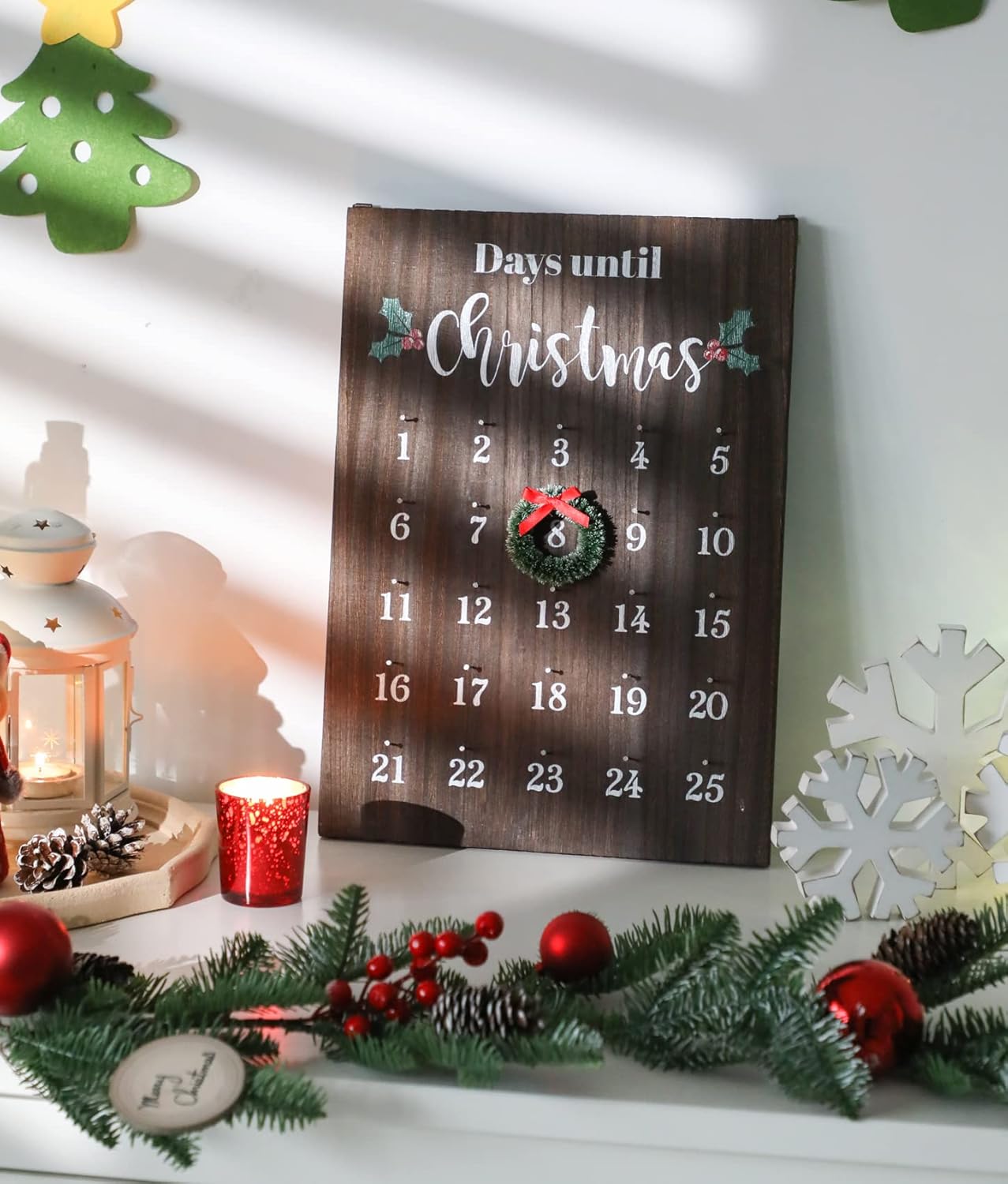 Christmas Countdown Calendar, Farmhouse Christmas Wreath Calendar, Vintage Advance Count Down to Christmas Sign, Xmas Wooden Hanging Decor for Wall Holiday (Brown)