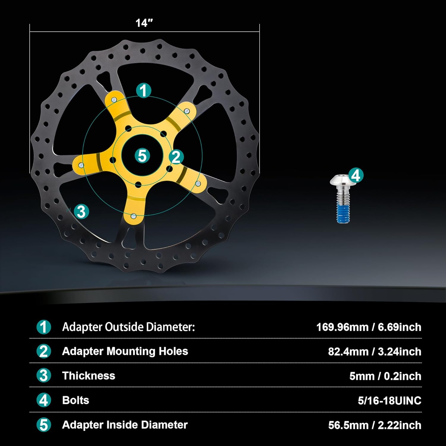 MoKitDora 14" Brake Single Front Disc Floating Rotor for Harley '06-'17 Dyna Street Fat Bob Super Wide Sport Glide 2015–up Softail Low Rider Breakout Deluxe Heritage Classic Black Zinc Plating, Golden