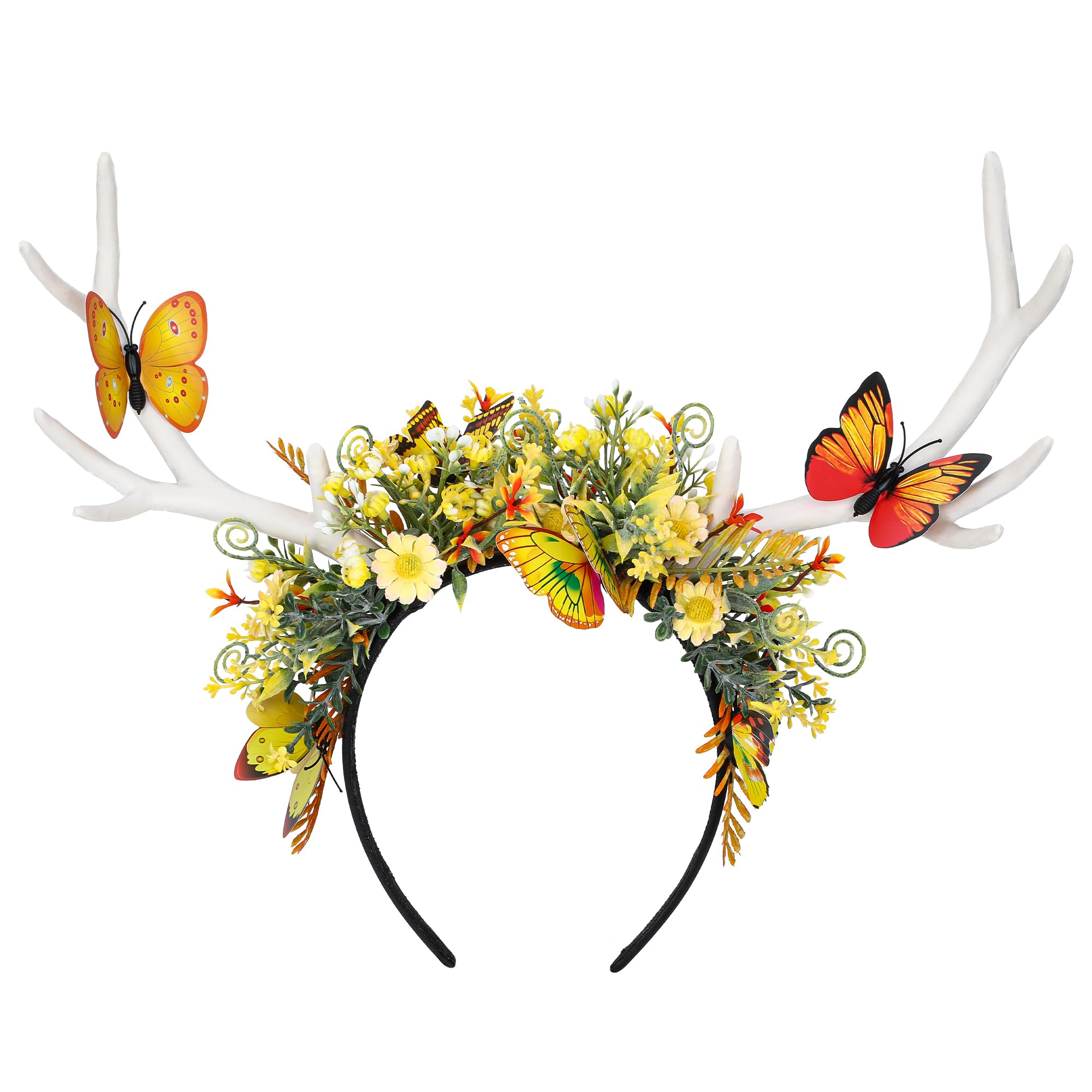 MOSTORY Handmade Butterfly Flower Antler Headband - White Horn Hairband Floral Reindeer Headpiece Woodland Forest Headband for Women Girls Cosplay Ren Faire Halloween Photo Shoot
