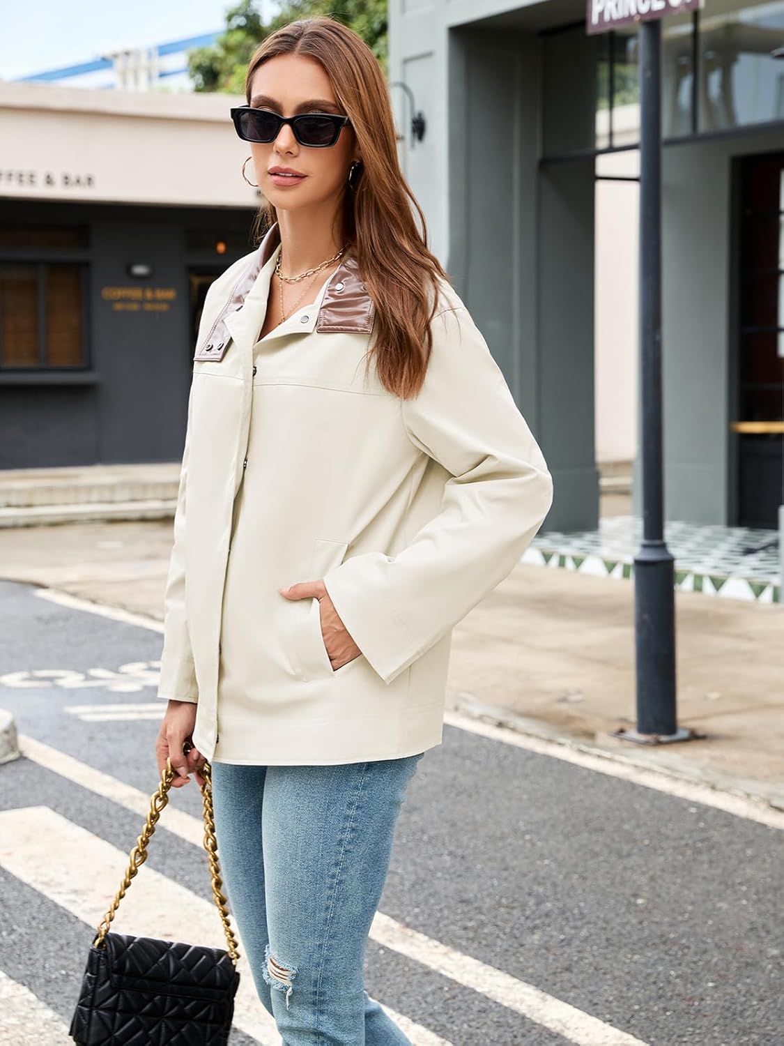 Womens Barn Jacket Plaid Lining Button Down Lightweight Casual Cropped Trench Coat with Pocket - Image 5