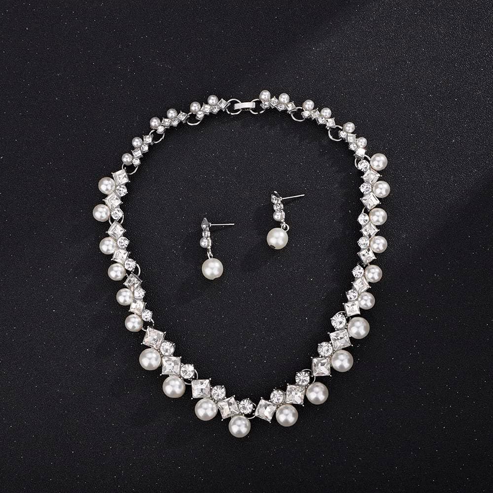 JWICOS Bride Silver Necklace Earrings Set Pearl Bridal Wedding Set Rhinestone Choker Necklace for Women Prom - Image 2