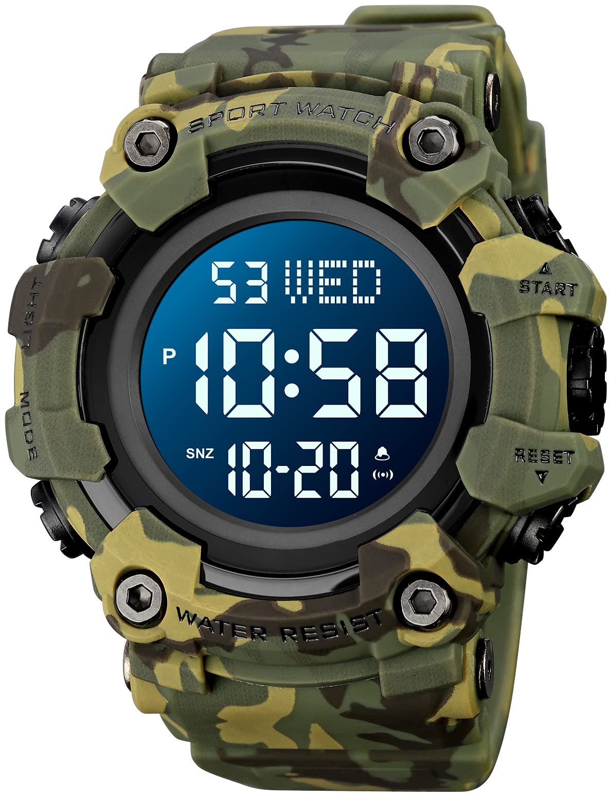 Big Dial Digital Watch S Shock Men Military Army Watch Water Resistant LED Sports Watches (D Camouflage Green)