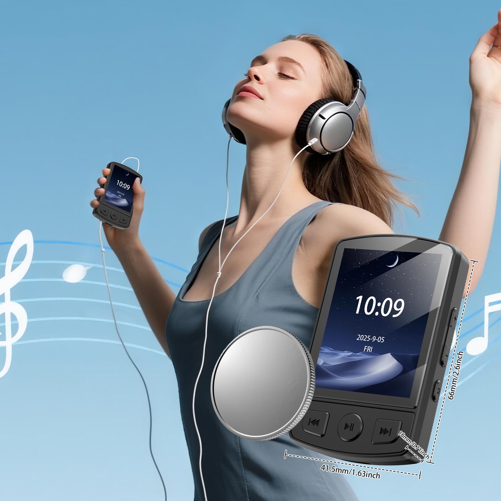 Gueray Lettore MP3 Bluetooth 64GB - Lettore Musicale Digitale Portatile con Clip, Audio HiFi, Radio FM Integrata, Altoparlante, Registratore Vocale e Supporto Scheda TF