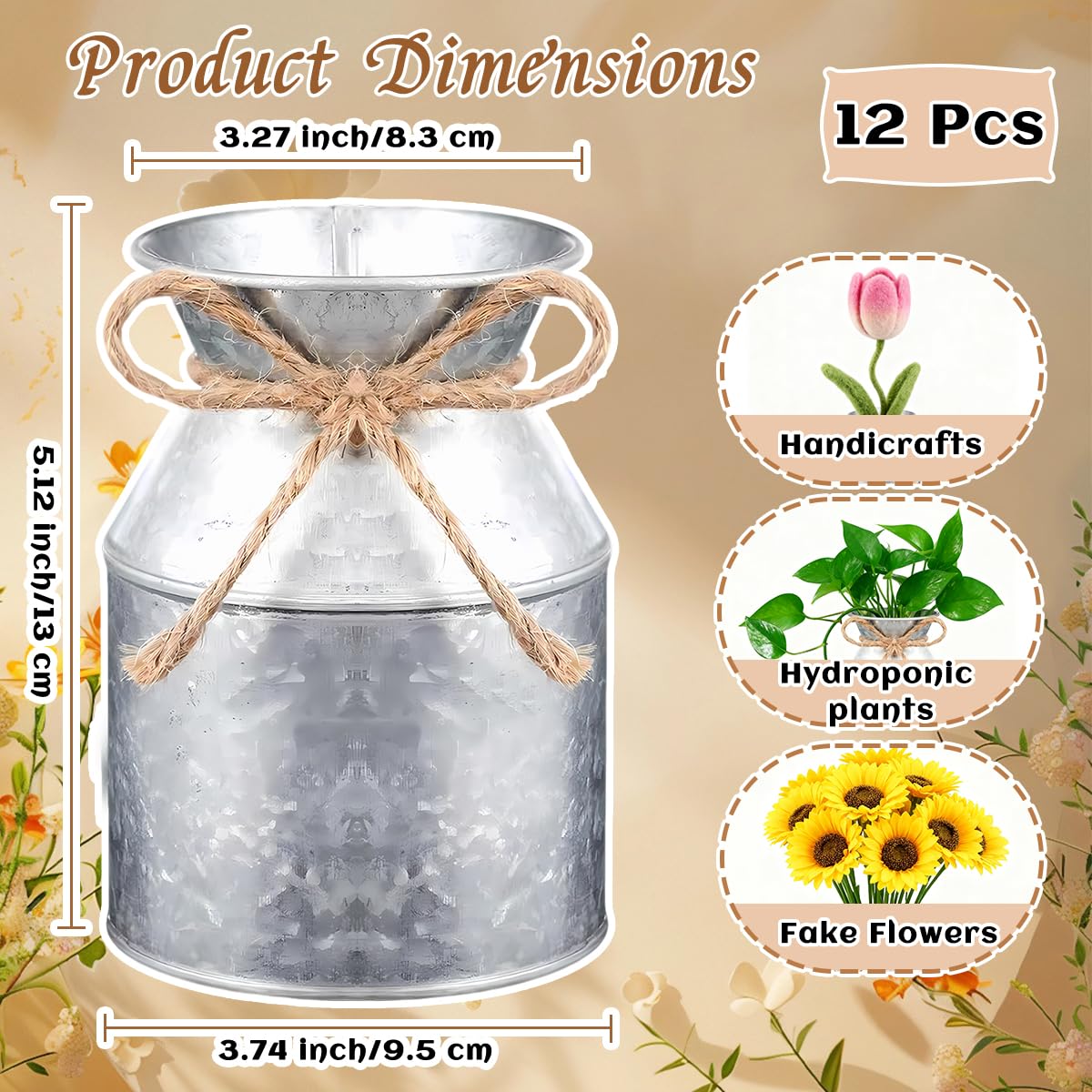 Condition photo showing New/Like New for 12 pcs 5.12in rustic vases metal galvanized milk can with bow vintage flower bucket suitable for centerpiece anniversary wedding birthday party floral arrangement