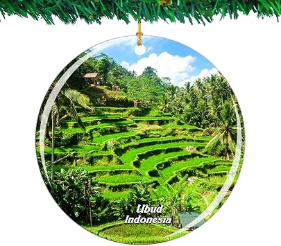 Indonesia Tegalalang Rice Terrace Ubud Bali Christmas Ornament City Travel Souvenir Collection Double Sided Porcelain 2.85 Inch Hanging Tree Decoration