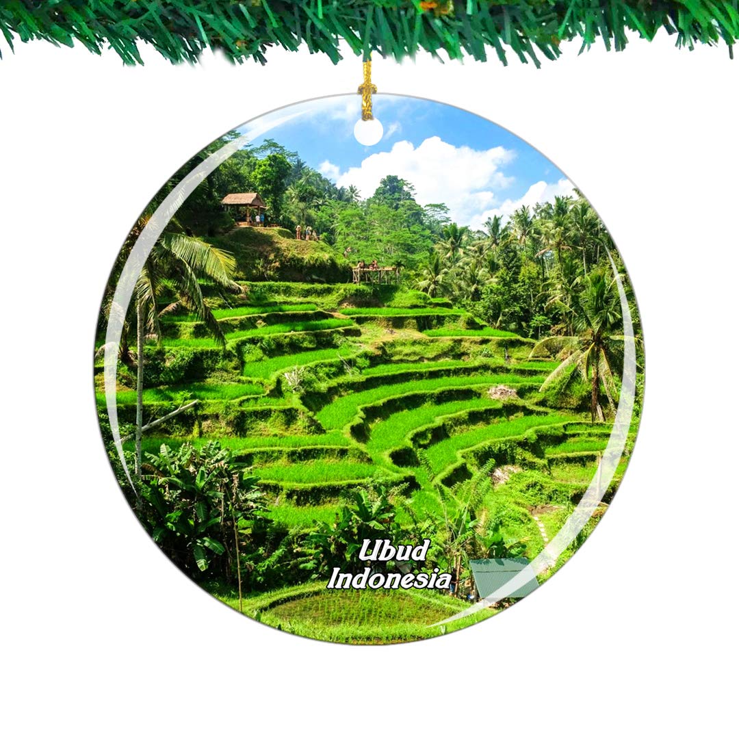 WeekinoIndonesia Tegalalang Rice Terrace Ubud Bali Christmas Ornament City Travel Souvenir Collection Double Sided Porcelain 2.85 Inch Hanging Tree Decoration