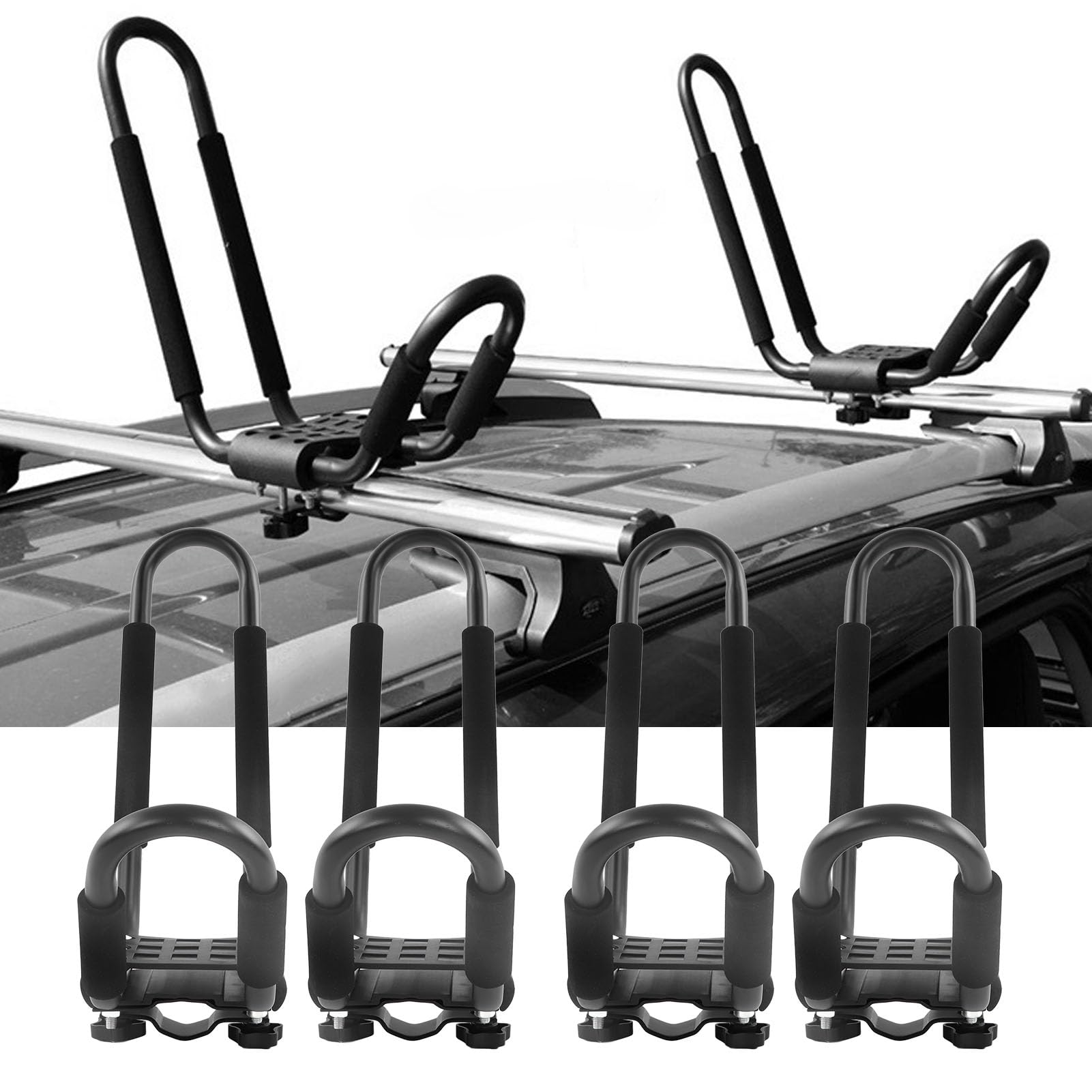 lyrlody Portaequipajes para techo para kayak, 2 pares portaequipajes para coche para kayak, soporte para techo de 68 kg, 150 libras, soporte para barra J para canoa Paddle Boards Skiboard