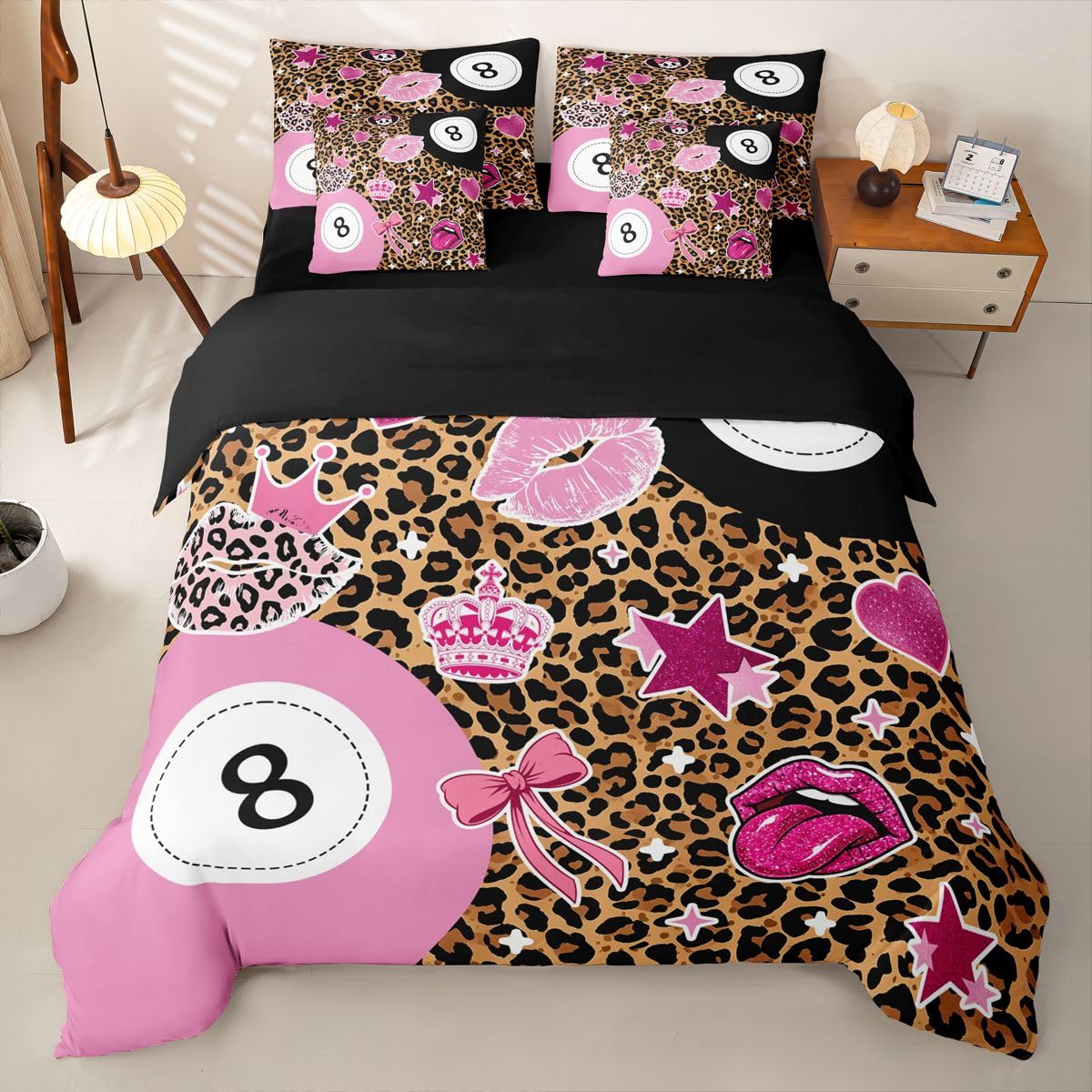 Loussiesd Juego de funda de edredón de 8 bolas, tamaño Super King, 7 piezas, estampado de leopardo marrón, juego de ropa de cama en una bolsa con funda de edredón, sábanas, fundas de almohada y fundas