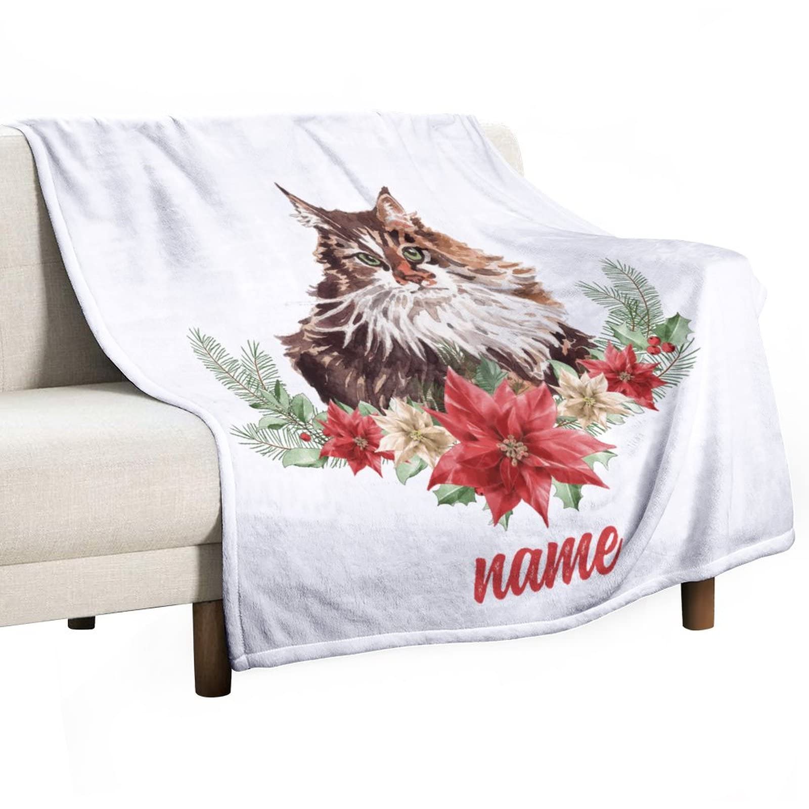 Couverture polaire personnalisée avec nom et motif chat plaid réversible double face en flanelle