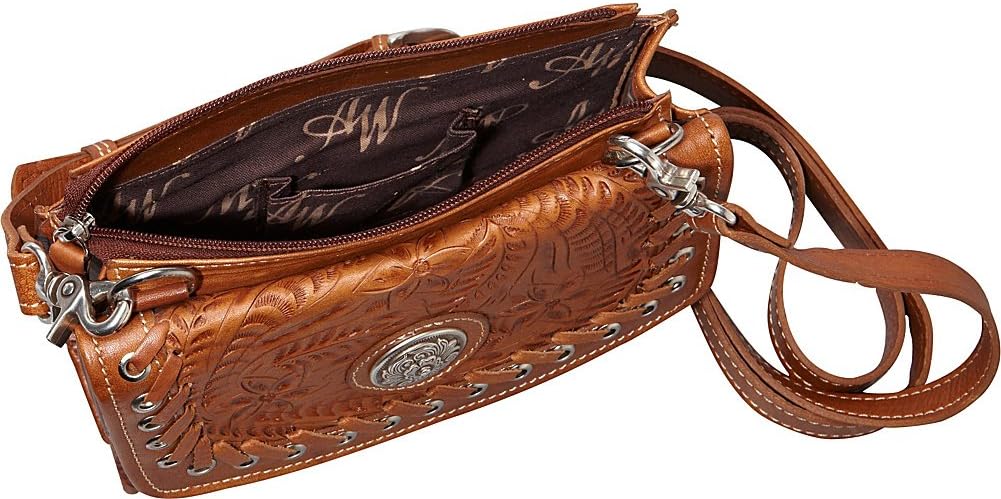 American West Hand Tooled Handcrafted Genuine Leather Small Crossbody Bag/Wallet for Women/Girls/Teens Card Slots Cash Pocket Clear ID Holder Harvest Moon Collection Western (Natural Tan)