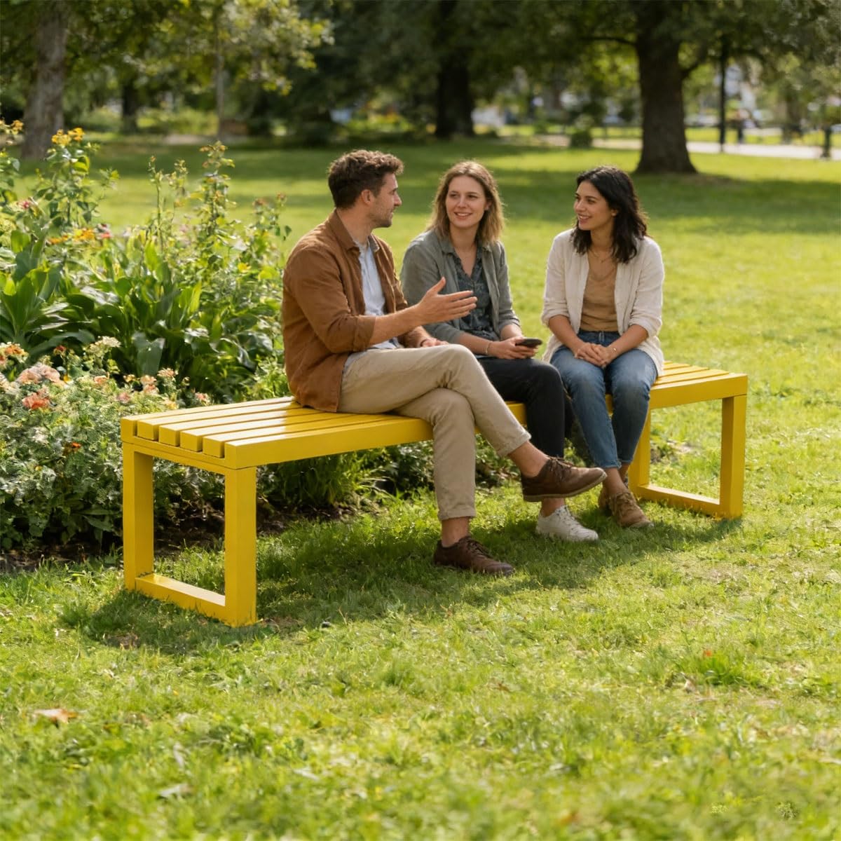 Gartenbank Metall, Gartenbank Wetterfest, 2-Sitzer Sitzbank Ohne Rückenlehne, Parkbank Balkonbank für Hinterhof, Balkon, Rasen und Park(Gelb,100cm)