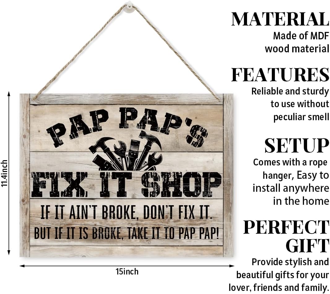 Funny Gift for Mechanic Pap Pap Grandpa, Father's Day Gift for Pap Pap, Pap Pap's Fix It Shop Sign, Rustic Wooden Hanging Plaque Sign, Home Garage Door Hanger, Garage Decor, Pap Pap Workshop Decor - Image 2