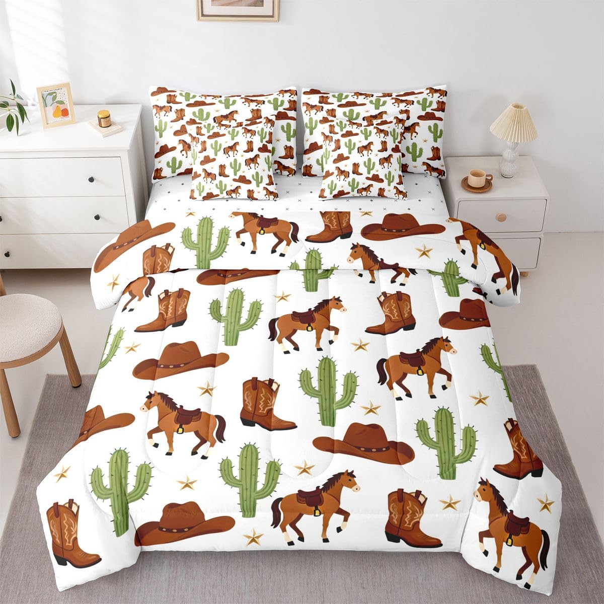 Feelyou Cowboy Theme Full Comforter Set with Sheets for Kids Boys Girls Western Horse Print 7 Pieces Bedding Set Cowboy Hat Bed in a Bag Desert Cactus Room Decor Rodeo Boot Soft Lightweight