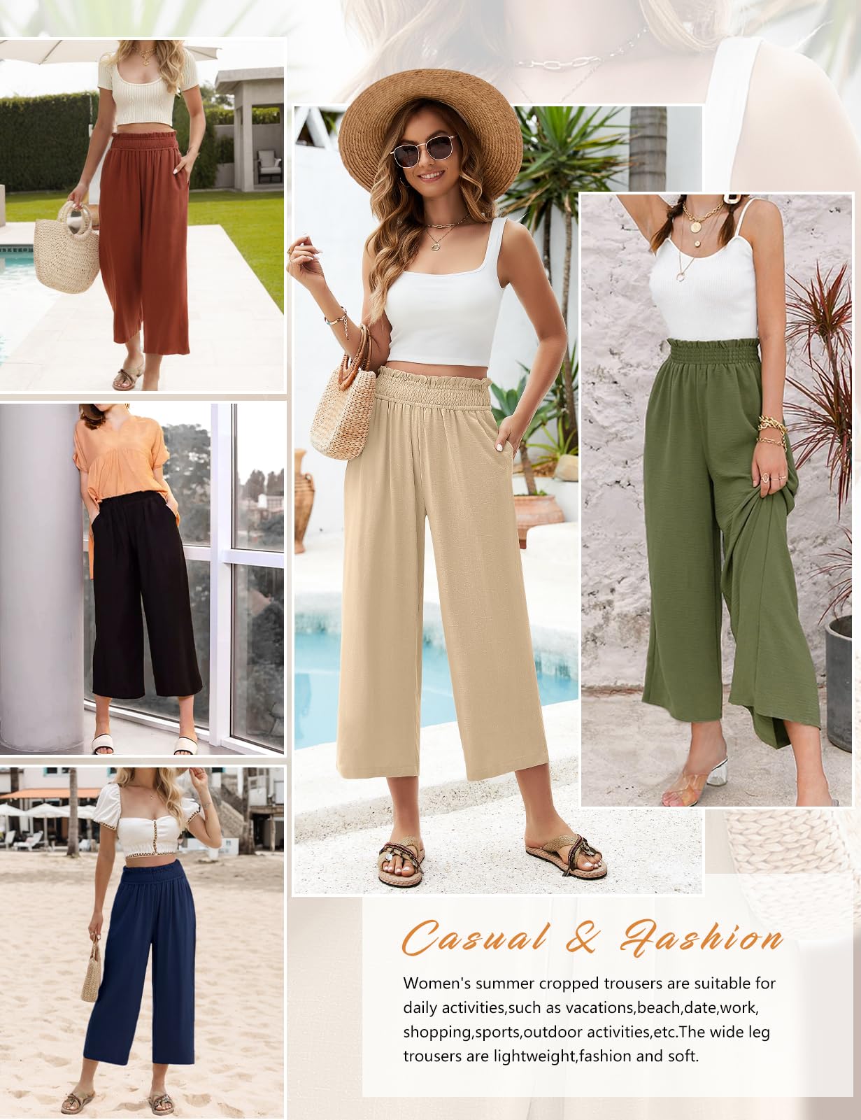 Pantalones Lino Mujer 3/4 Verano Anchos Algodón Alta Cintura Elásticos con Bolsillos