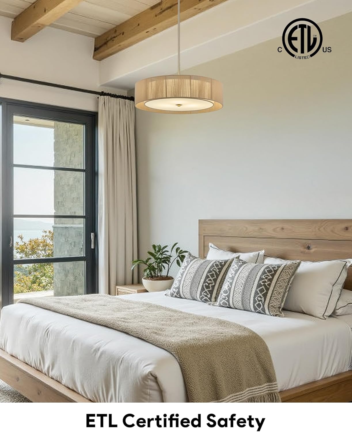 VONLUCE Boho Chandelier, 20.1" 4-Light Drum Chandelier with 2-Tier Rattan & Linen Lampshade, Rattan Ceiling Light for Dining Room Bedroom Living Room with E26 Sockets, Nickel Finish, ETL Certified