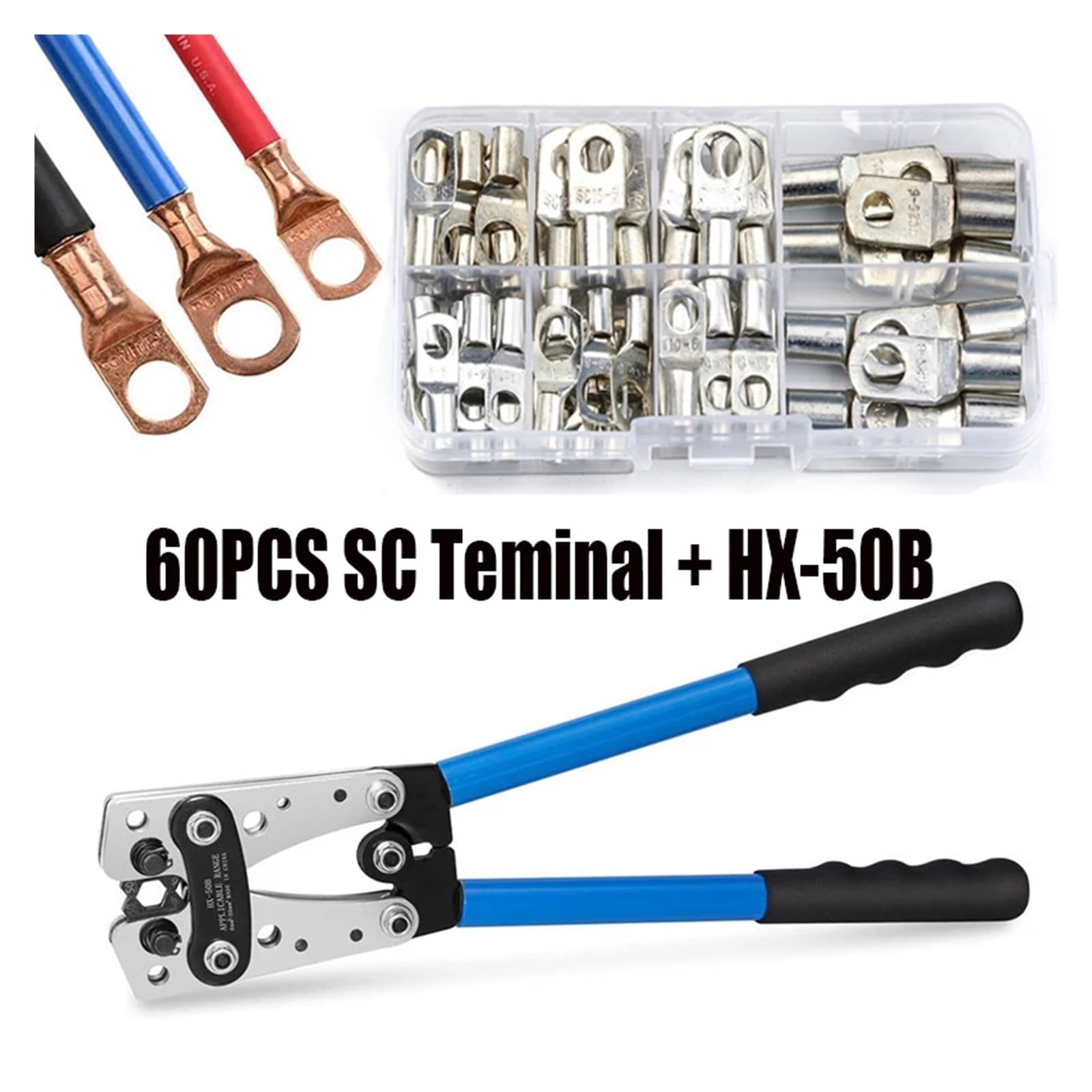 60 terminales de cobre SC con alicates de crimpado for terminales de cable de batería HX-50B for conectores de cable eléctrico SC.