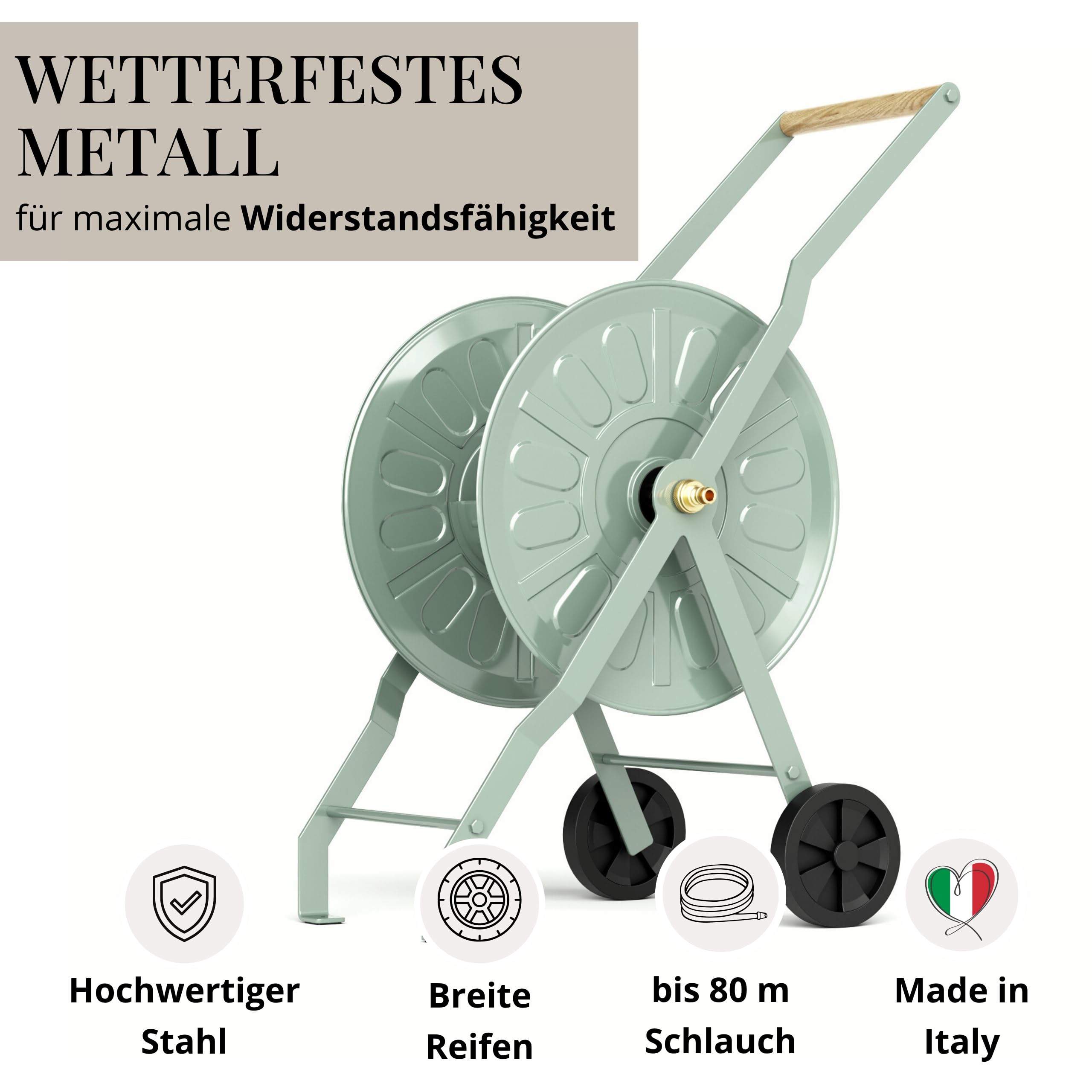 LIVLIG Schlauchwagen Metall, Premium Wagen mit Pulverbeschichtung Made in Italy, Schlauchwagen bis 80m Gartenschlauch, Gartenschlauch Trommel in Grün