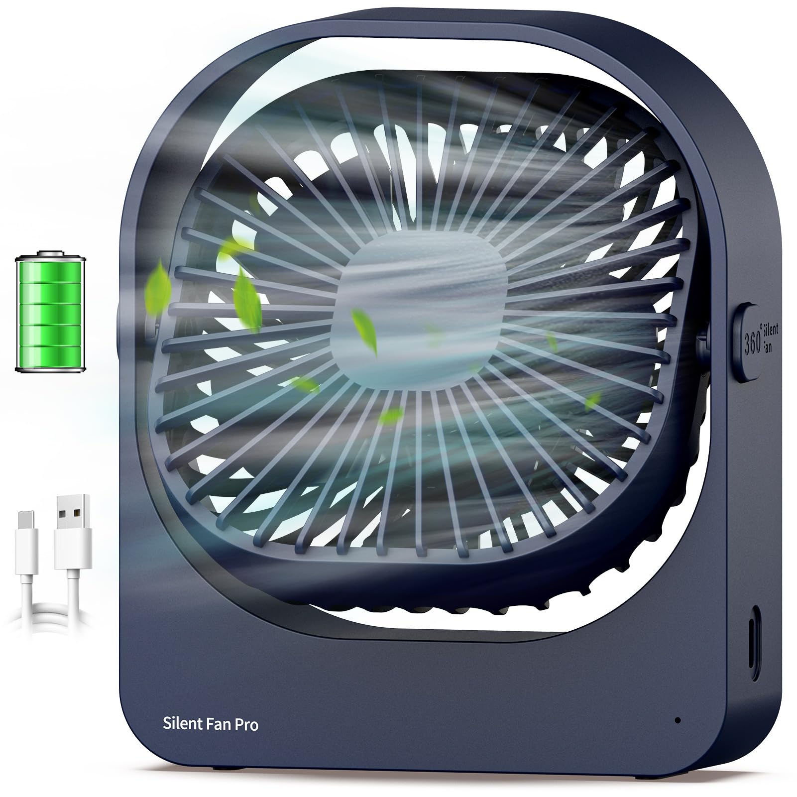 WOWDSGN Ventilatore da Tavolo a Batteria Ricaricabile - Ventilatore USB Piccole con Forte Flusso d'Aria - Mini Ventilatore Portatile - 3 Velocità - Ideale per Interno ed Esterno (Blu Scuro)