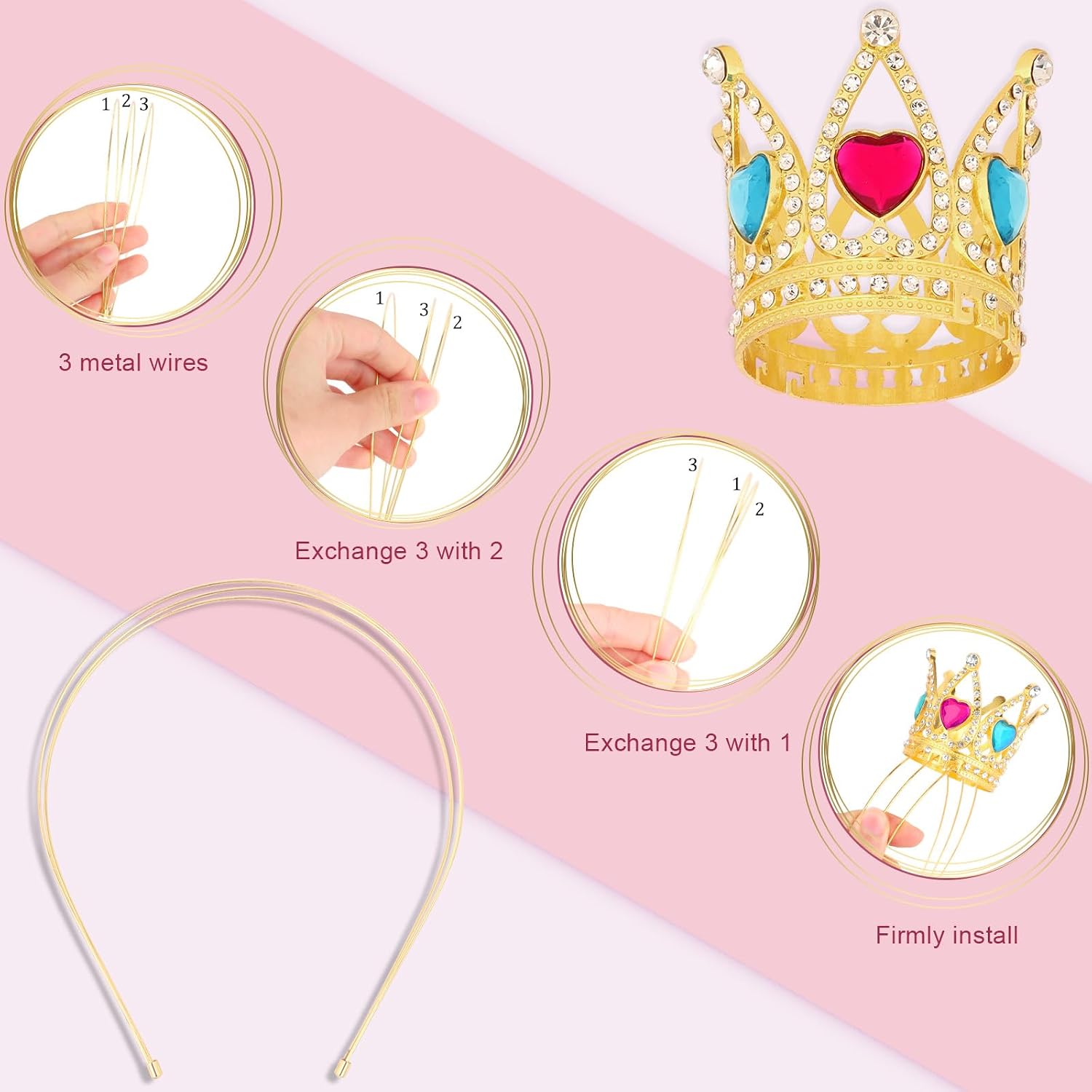 Semato Queen Hearts Peach Crown Headband for Halloween Cosplay Girls Tiara Princess Costume Crystal Crown for Party Gifts