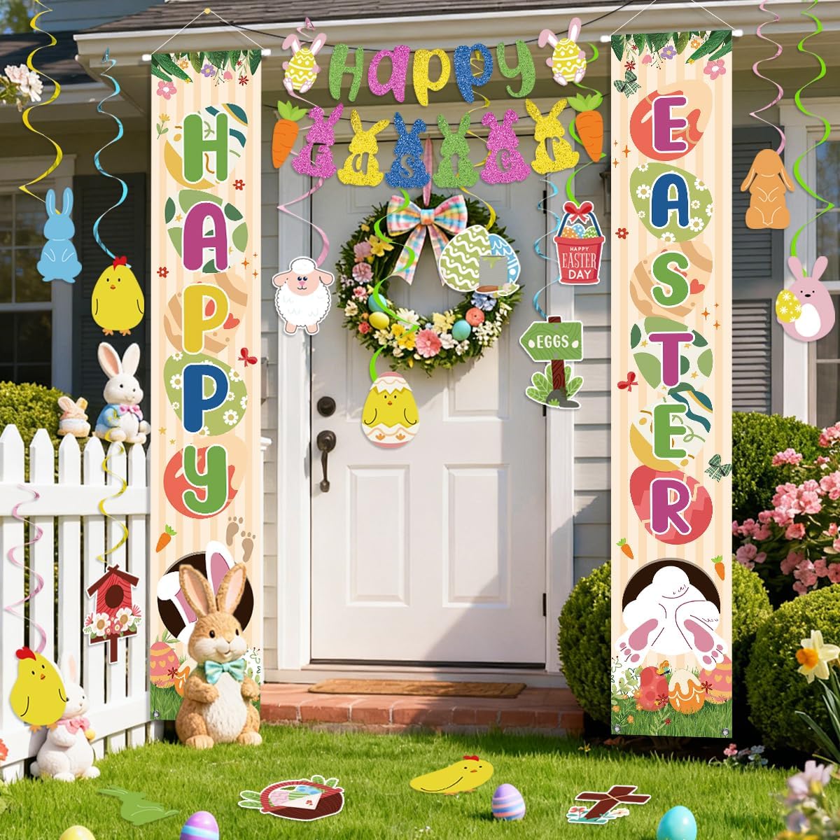 Easter Decorations Happy Easter Porch Banner Eggs Garland with Hanging Swirls Bunny Banner for Home School Classroom Spring Party Decorations