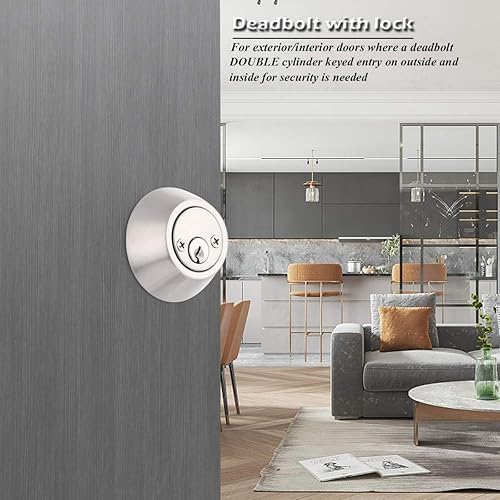 Miniatura 3 de Gobrico Cerraduras de puerta de doble cilindro con llave de níquel satinado para puerta interior exterior, paquete de 2