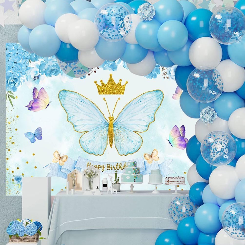 Withu Sky Blue Butterfly Birthday Backdrop Kids Girls Watercolor Pastel Floral Flowers Gold Crown Butterflies Theme Party Decorations Banner Photography Background 6x4ft - Image 3