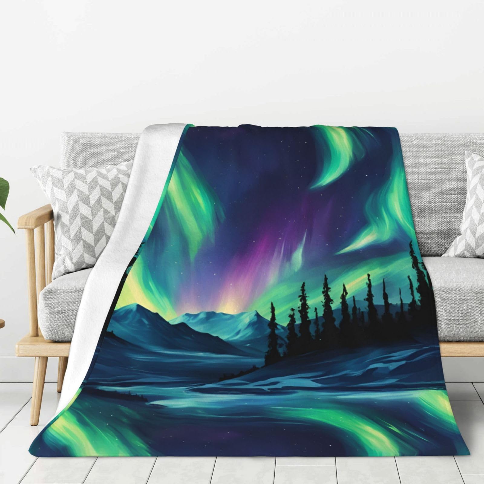 Grande couverture douce et épaisse lit ou camping motif aurores boréales