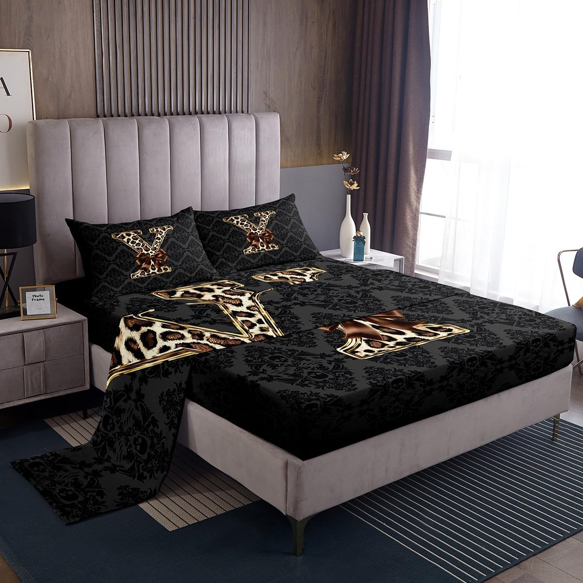 Homewish Juego de sábanas con letra inicial con estampado de guepardo, doble decoración antigua, calavera, damasco, negro, damasco, ropa de cama personalizada con lazo marrón, juego de sábanas