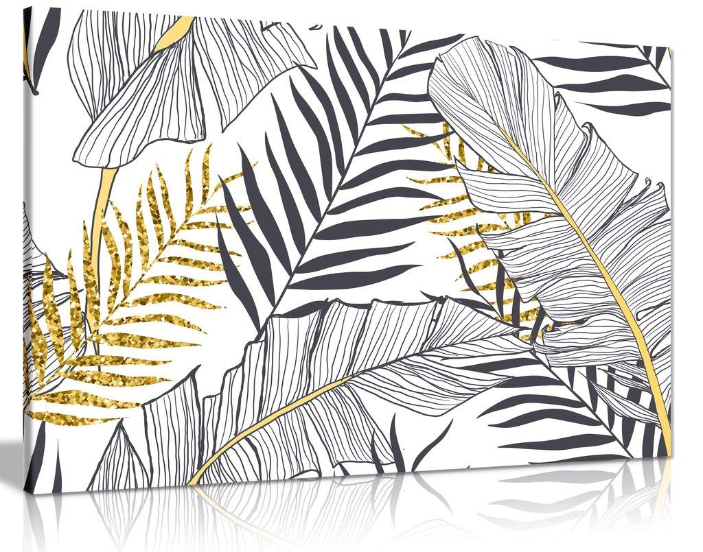 Panther Print Gold Exotic Tropical Jungle Leaf Black White Canvas Wall Art Picture Print (24X16)