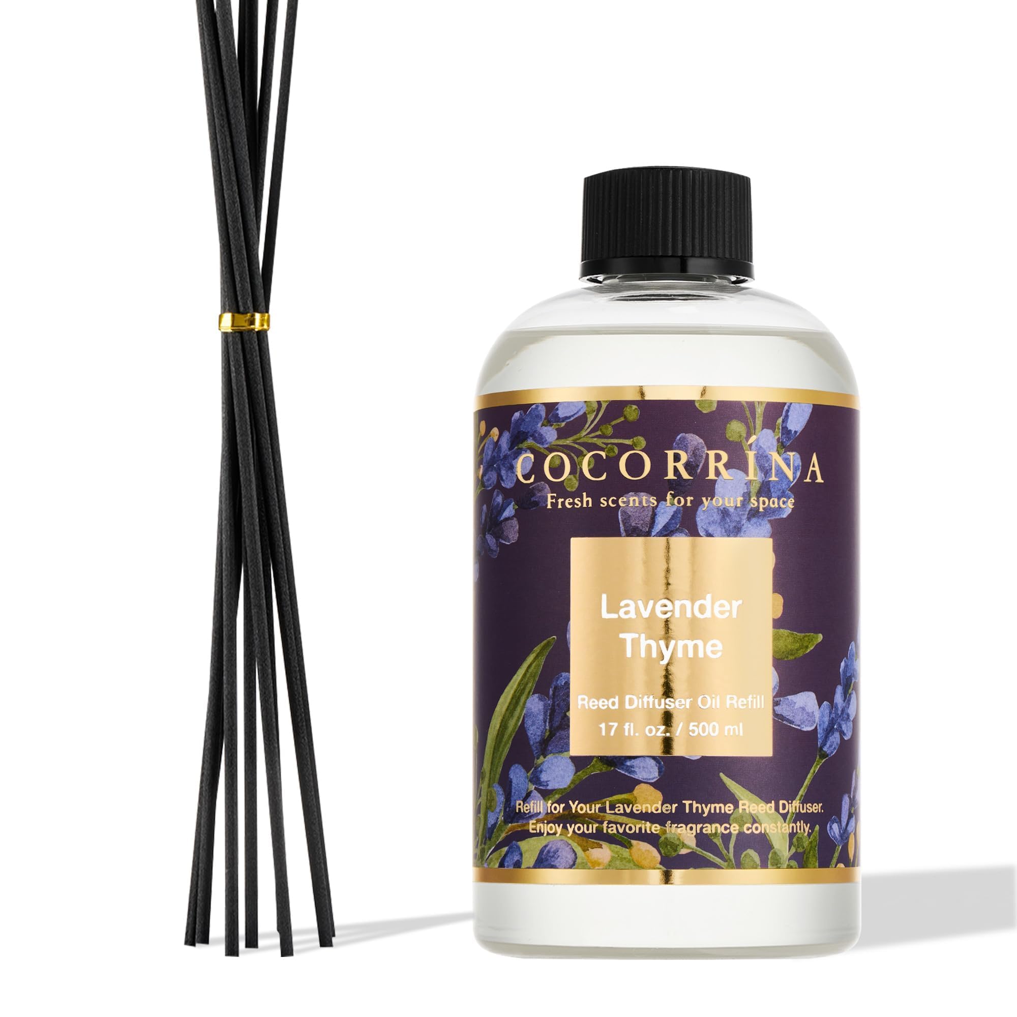Cocorr na Reed Diffuser Refill Lavender Thyme 17oz 500ml with 8 Rattan Sticks - Premium Long-Lasting Scented Oil