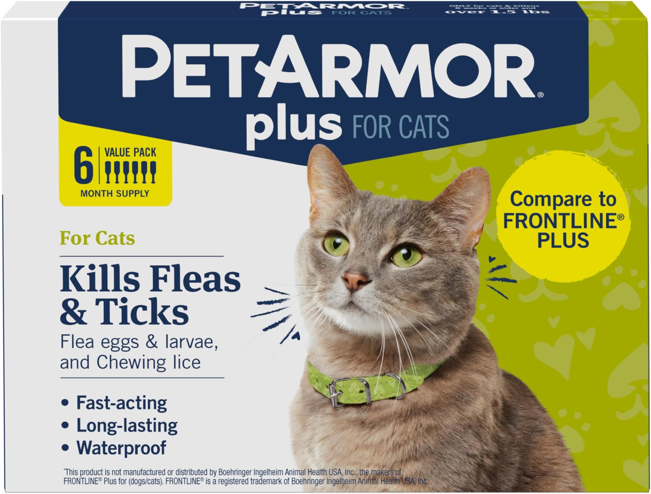 PetArmor Plus Flea and Tick Prevention for Cats over 1.5 lbs, Cat Flea and Tick Treatment, 6 Doses, Waterproof Topical, Fast Acting