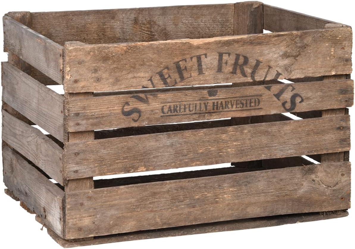 Esschert Design Wooden Apple Crate 51.1 x 42.3 x 30.1 cm Storage Box with 'Sweet Fruits' Print / Genuine Wood