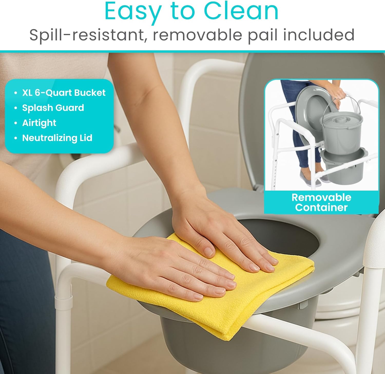 Person cleaning the removable commode bucket