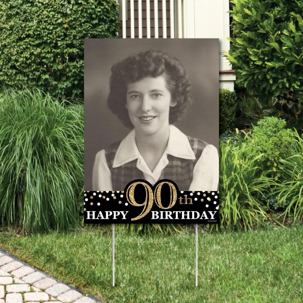 Big Dot of Happiness Custom Adult 90th Birthday - Gold - Photo Yard Sign - Birthday Party Decorations