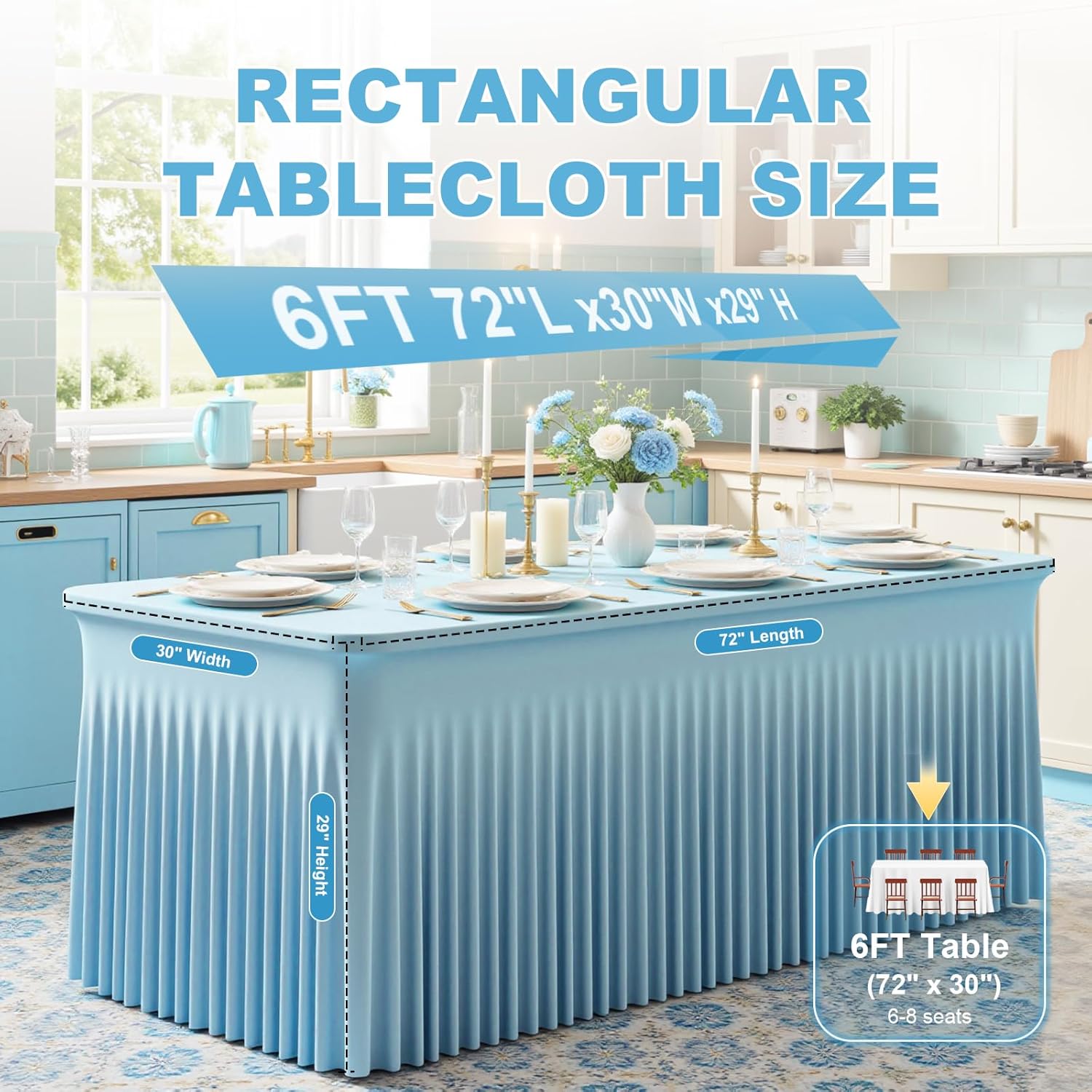 2 Pack Baby Blue Spandex Tablecloths for 6FT Rectangle Tables, Wrinkle Free Fitted Stretch Table Covers Elastic Table Skirt for Wedding Party Banquet Birthday Baby Shower Events