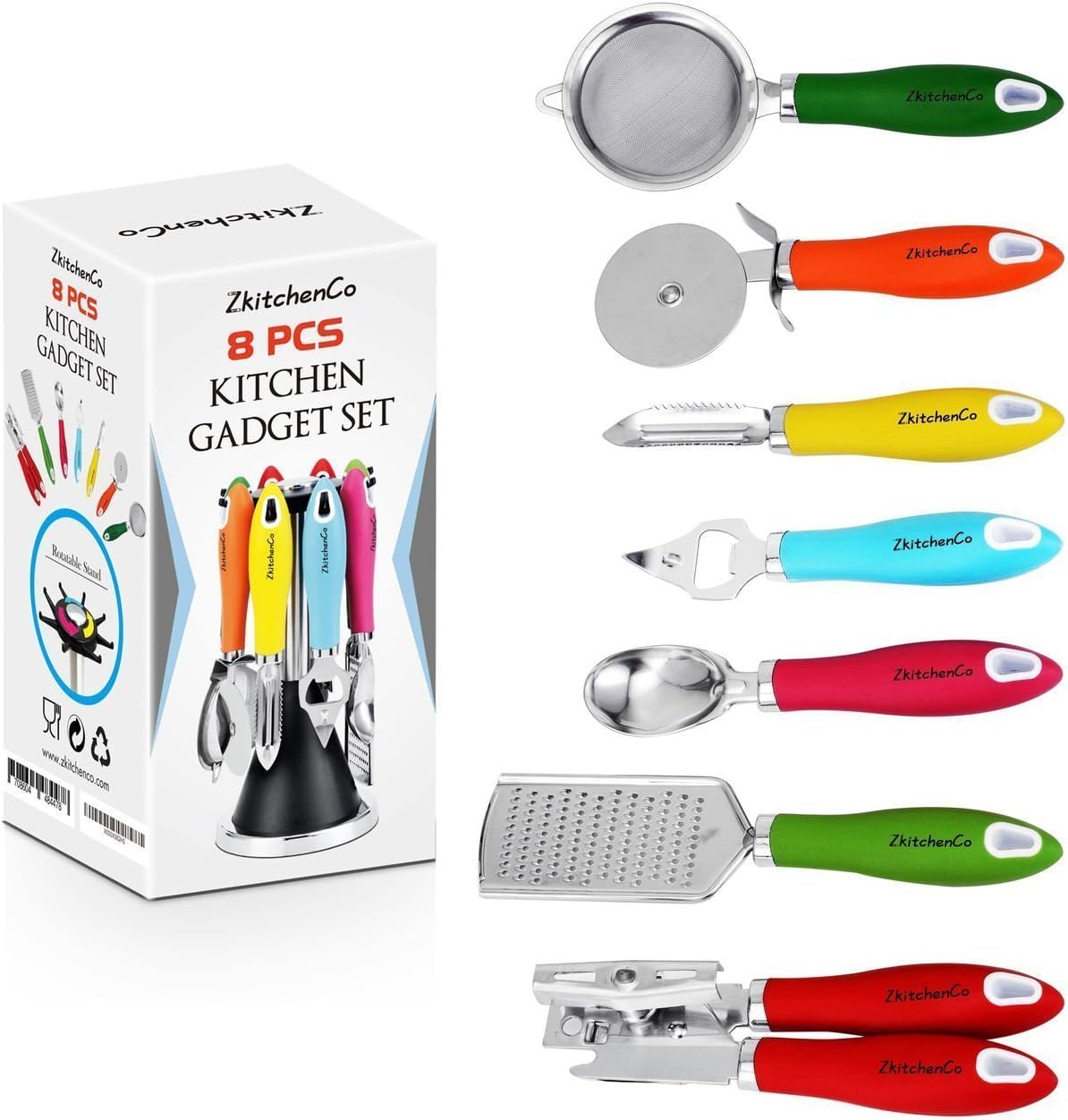 ZkitchenCo 8-Piece Kitchen Gadgets Utensils Cooking Tools, Stainless Steel Multi-Colored- Can Opener, Pizza Cutter, Bottle Opener, Ice Cream Scoop, Peeler, Grater & Strainer with Rotatable Stand
