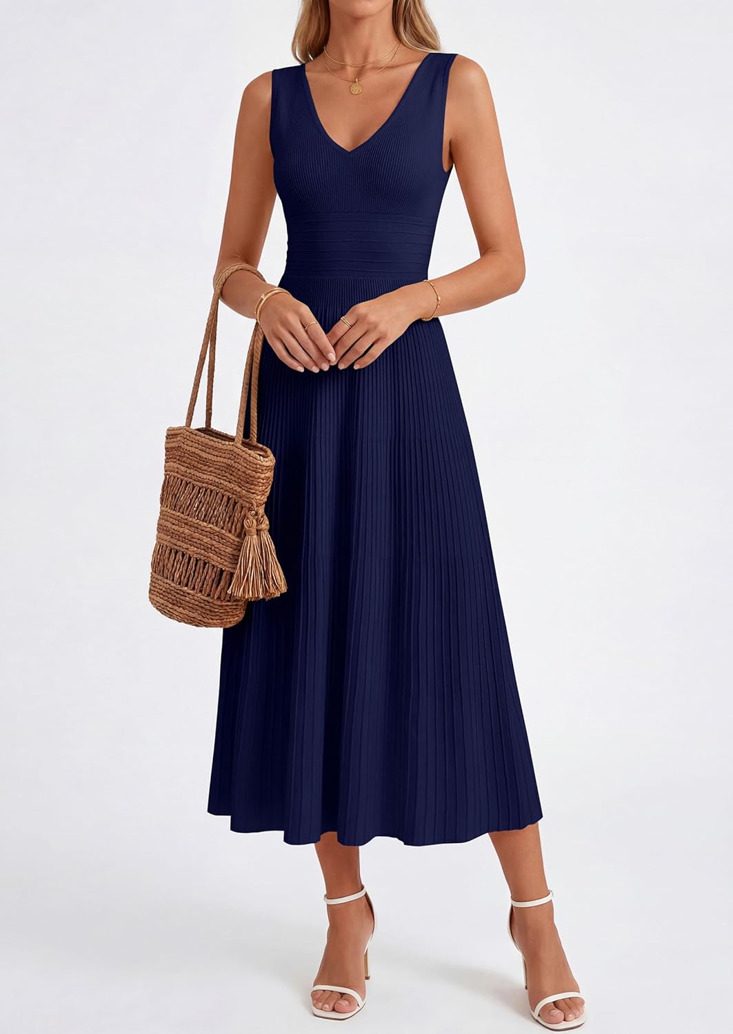 PRETTYGARDEN Summer Dresses for Women 2026 Spring Sleeveless V Neck Knit A Line Casual Midi Cocktail Wedding Guest Dress - Image 6