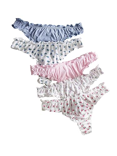 Women's 5pack Floral Print Low Rise Panty Set Frill Trim Textured Soft Underwear - Large - Multicolor