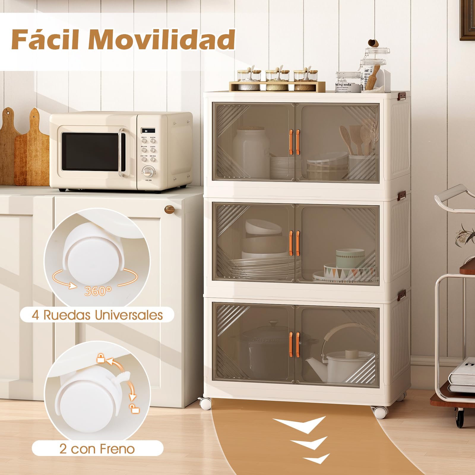 GOPLUS Caja de Almacenamiento Plegable con Tapa 159/212/265 L, Organizador Apilable con 4 Ruedas Universales y Puertas Transparentes, Armario de PP para Almacenaje y Exhibición (3 cajas / 213L)